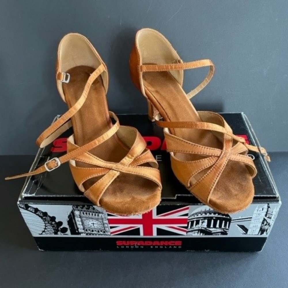Supadance SATIN DANCE SHOES Suede Bottom, Dark Tan Satin, 2.5 in. heel, Size 7.5